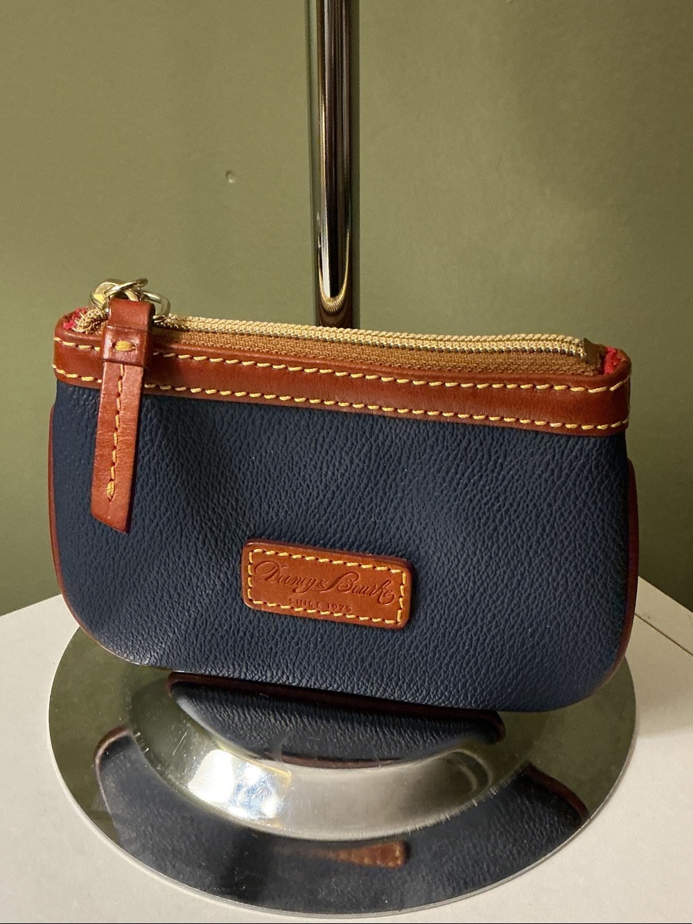 Dooney & Bourke Navy Leather Coin Pouch Wallet with Brown Trim & Keyring